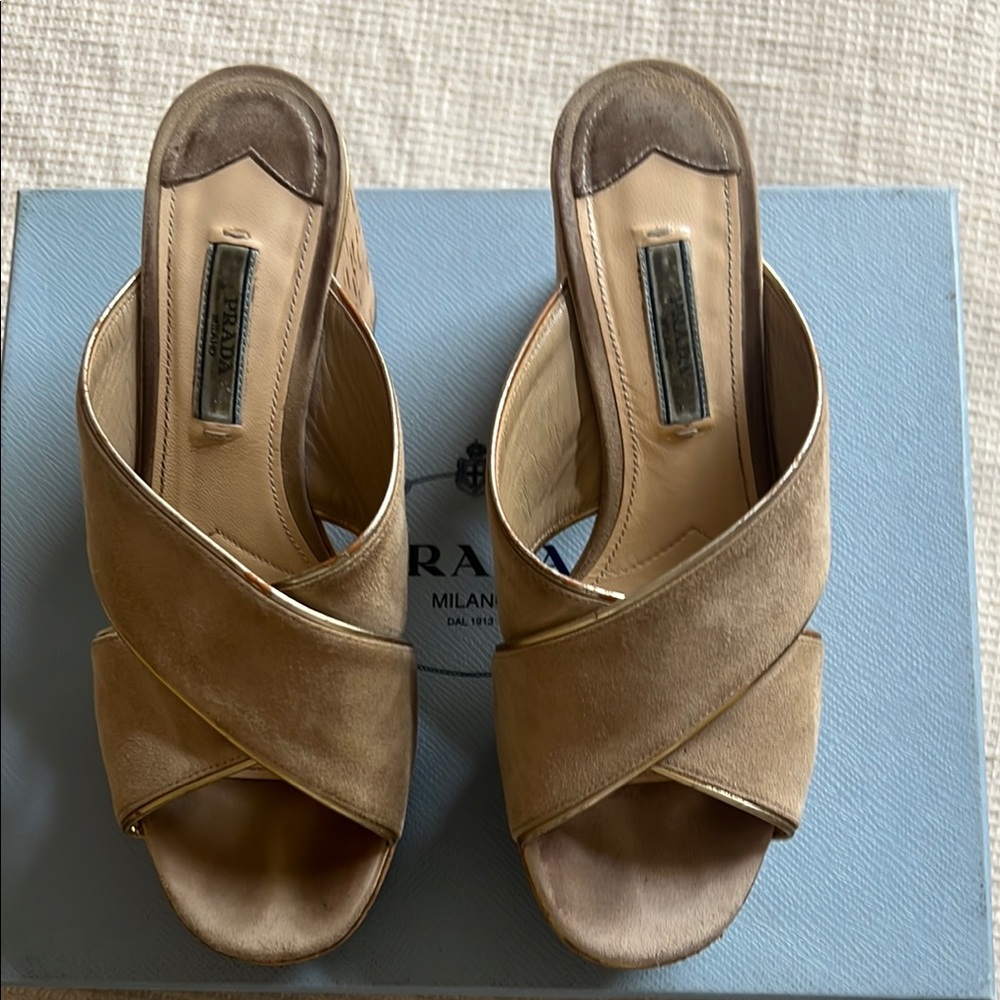 Prada Tan Suede Crisscross Slide Mules